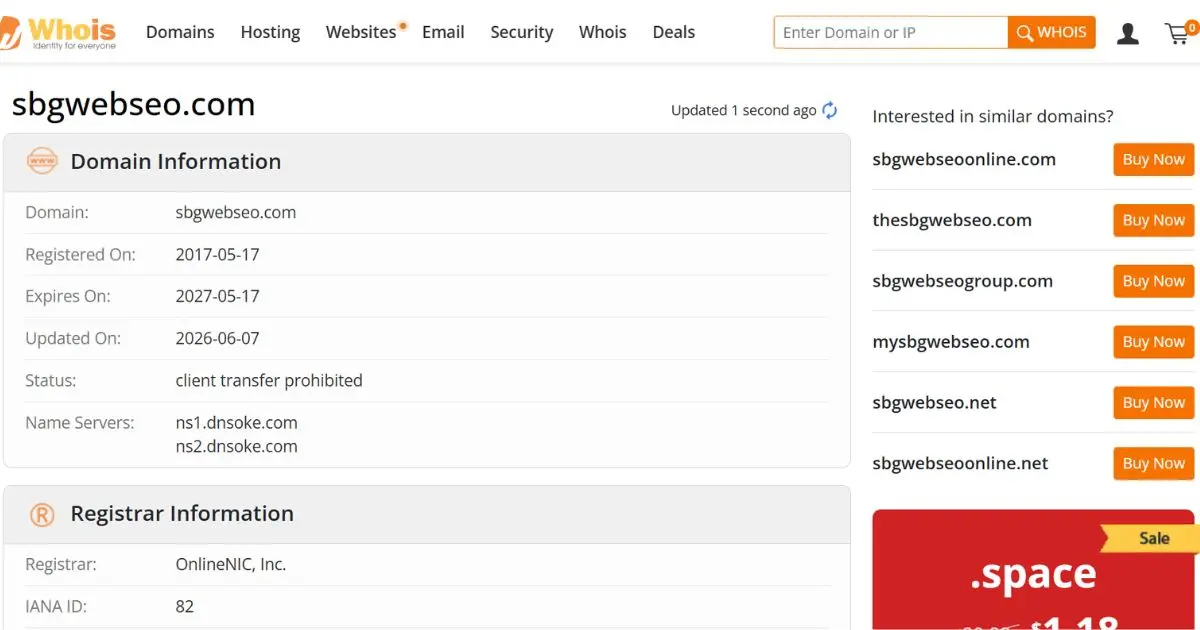 Bukti domain SBGWebSEO.com online sejak tahun 2017